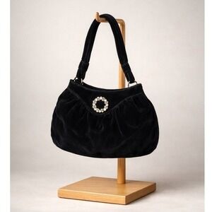 Old Navy 2005 Black Velvet Handbag Purse w/ Rhinestone Pearl Brooch Detail
